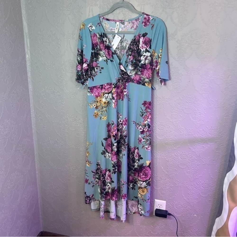 Floral V-Neck Dress in Blue and Purple Hello Miz Xl NWT
